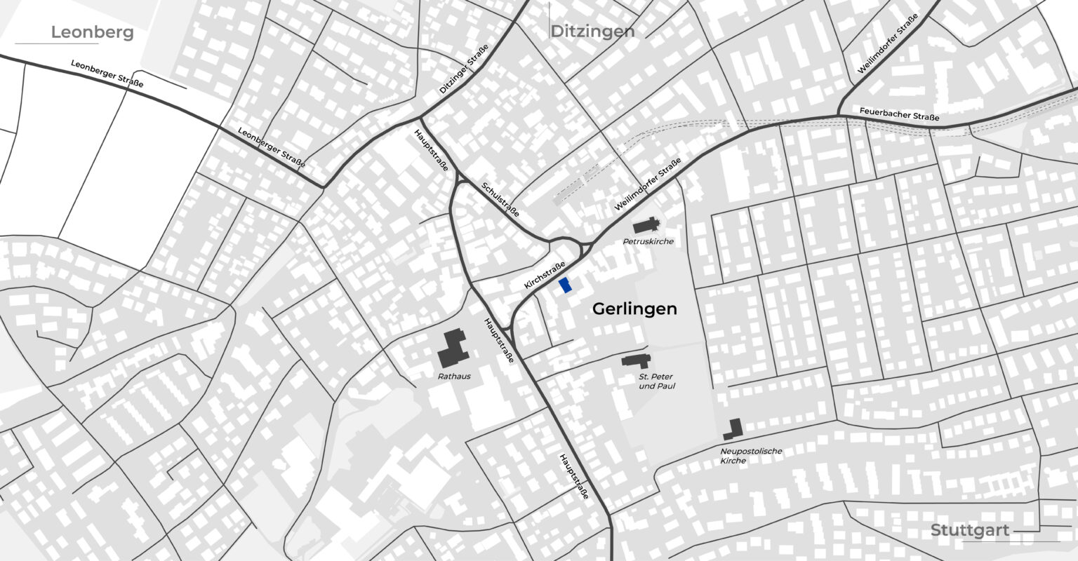 Lageplan von Gerlingen mit dem B&uuml;ro von Kraft Consulting in der Kirchstra&szlig;e 12