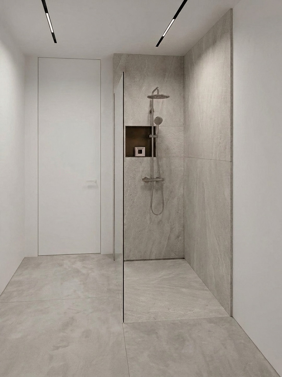 Visualisierung: Duschbad in Steinoptik mit bodengleicher Dusche und Echtglasabtrennung