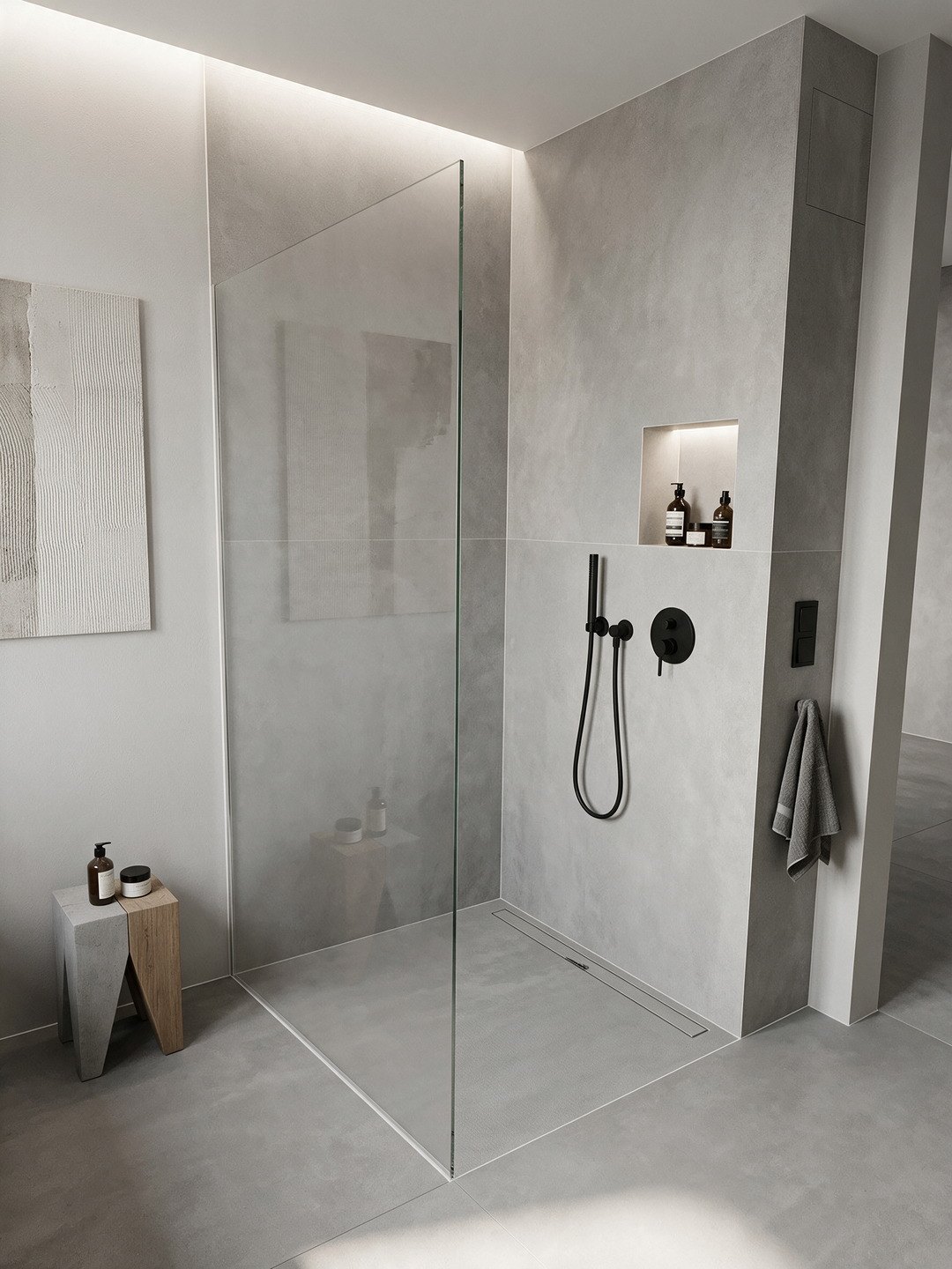 Visualisierung: Bad in Steinoptik mit bodengleicher Walk-in-Dusche