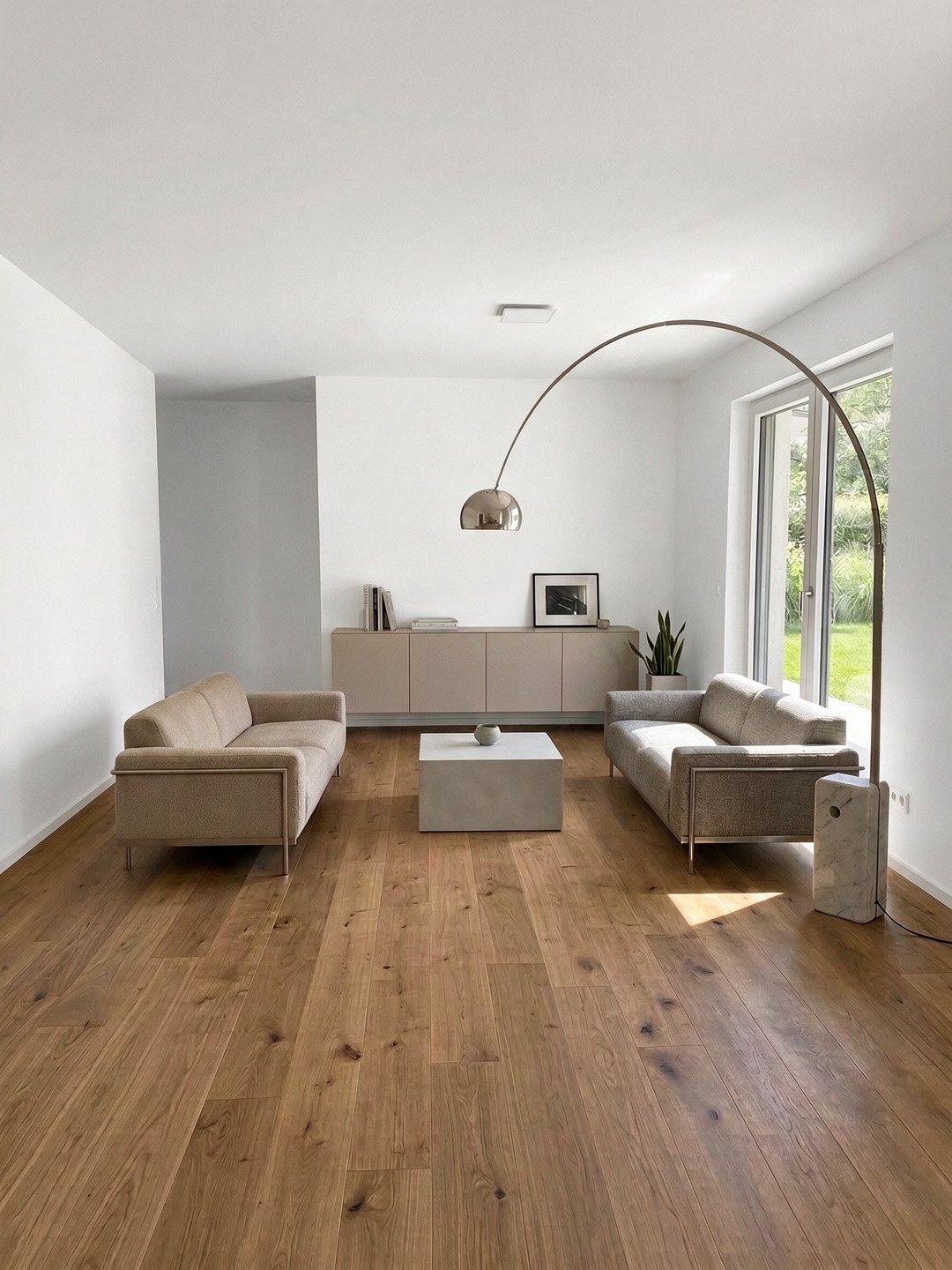 Visualisierung: Wohnzimmer mit Sitzgruppe und bodentiefem Fenster zur Terrasse